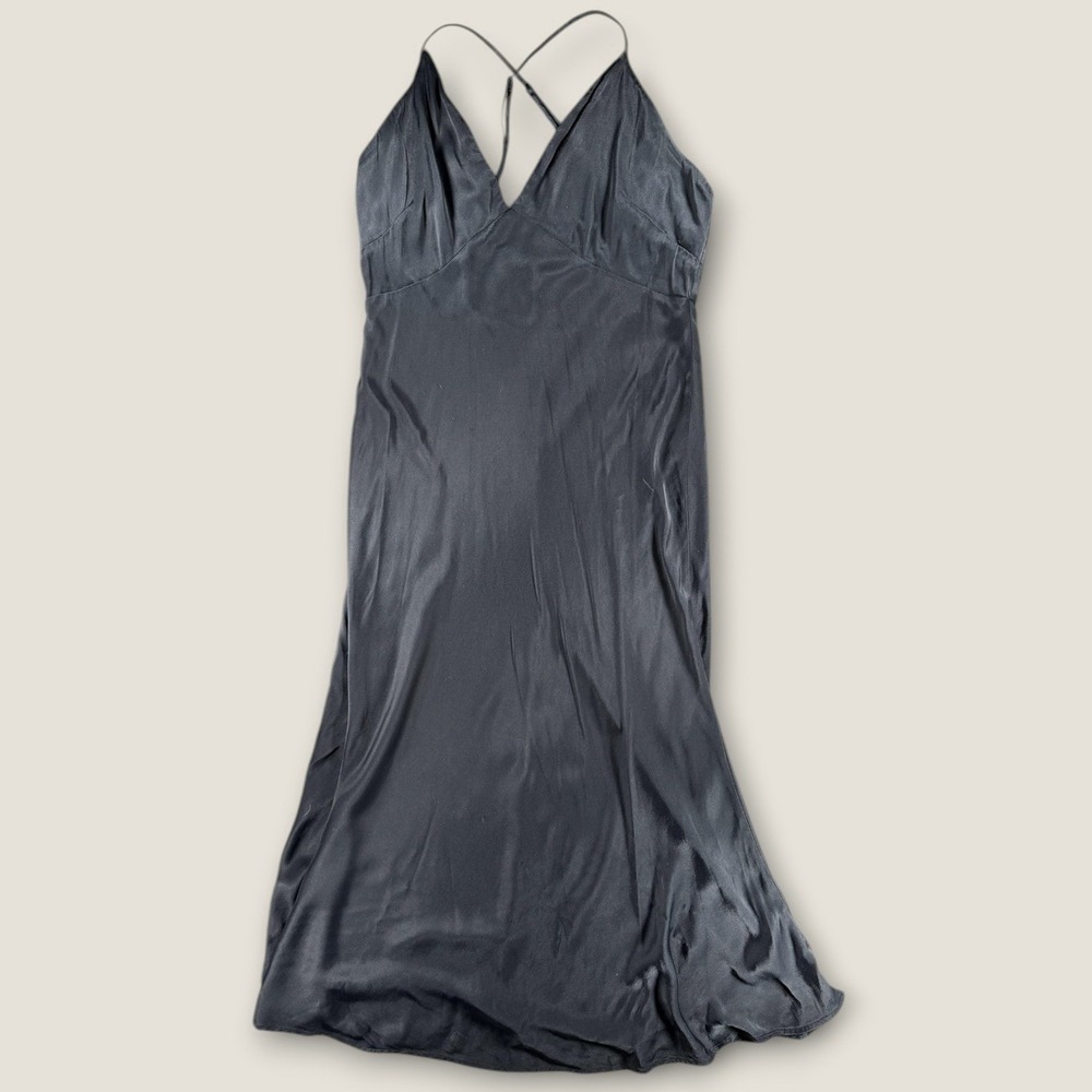 Anthropologie Black Satin Slip Dress Maxi V-Neck‎ Strappy Large Petite LP Luxe